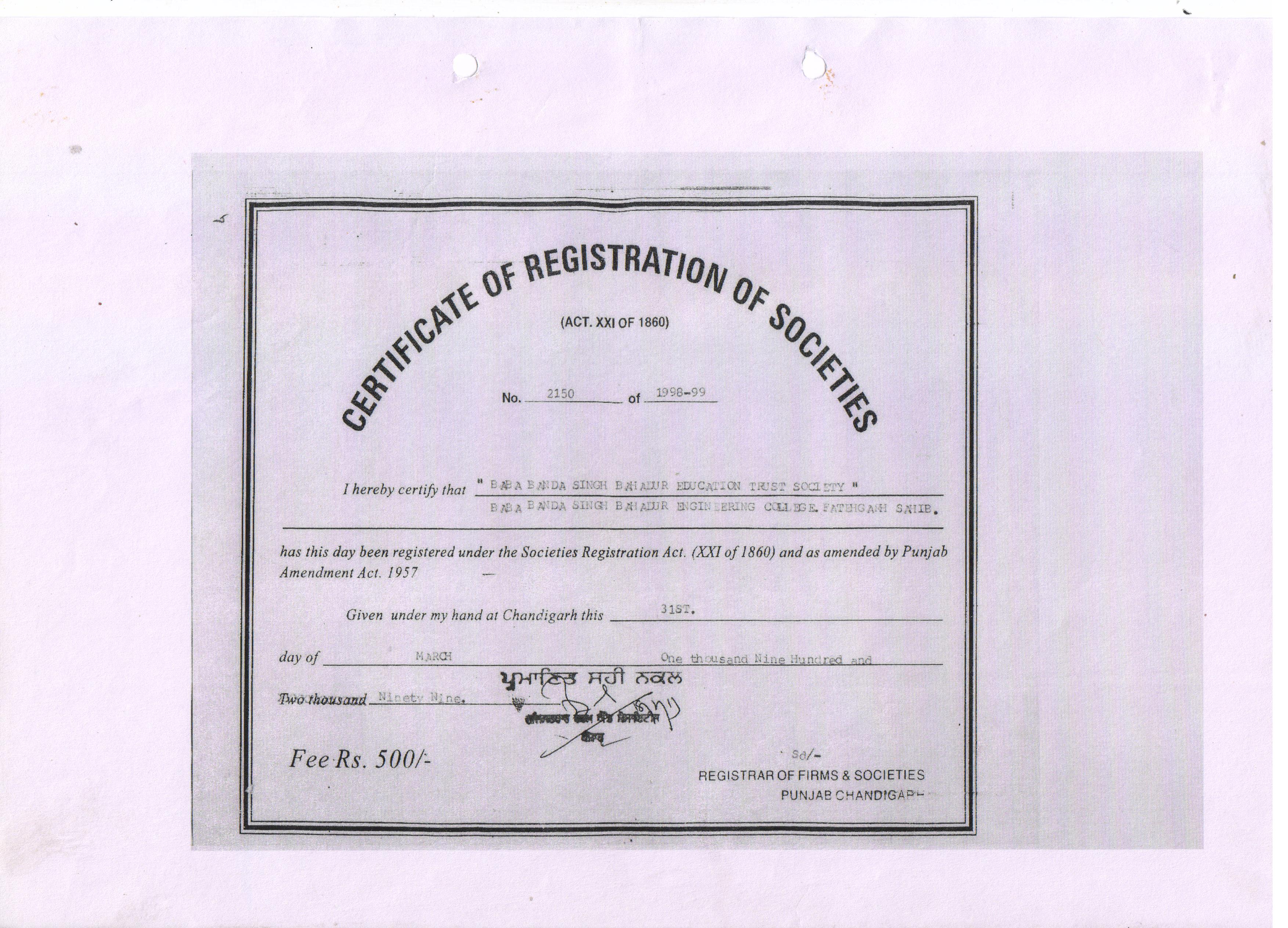 Certificate of Registration of Societies(Trust)